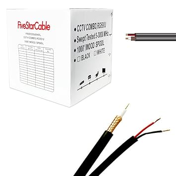 FIVE STAR Cable Combo of 500 ft RG59 Siamese CCTV Coaxial Black Cable, 20AWG with 18/2 18AWG Power