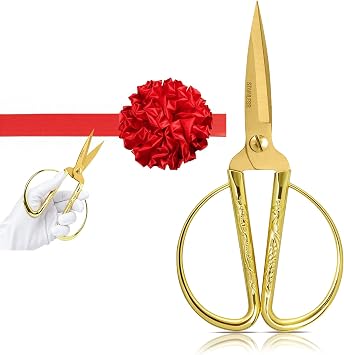 Grand Opening Ribbon-Cutting Ceremony Kit Includes Gold Scissors, Flower Ball, Red Ribbon & White Gloves,Suitable for all ribbon-cutting and inauguration ceremonies Embossed Handle