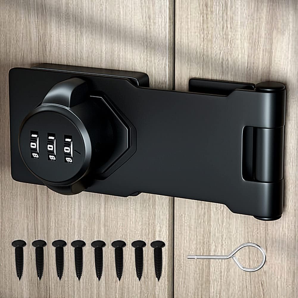 piyubind cabinet password hasp locks 90 degree barn door lock household security combination latch lock for locker, fence, bathroom, outdoor, garden (black-1pc)