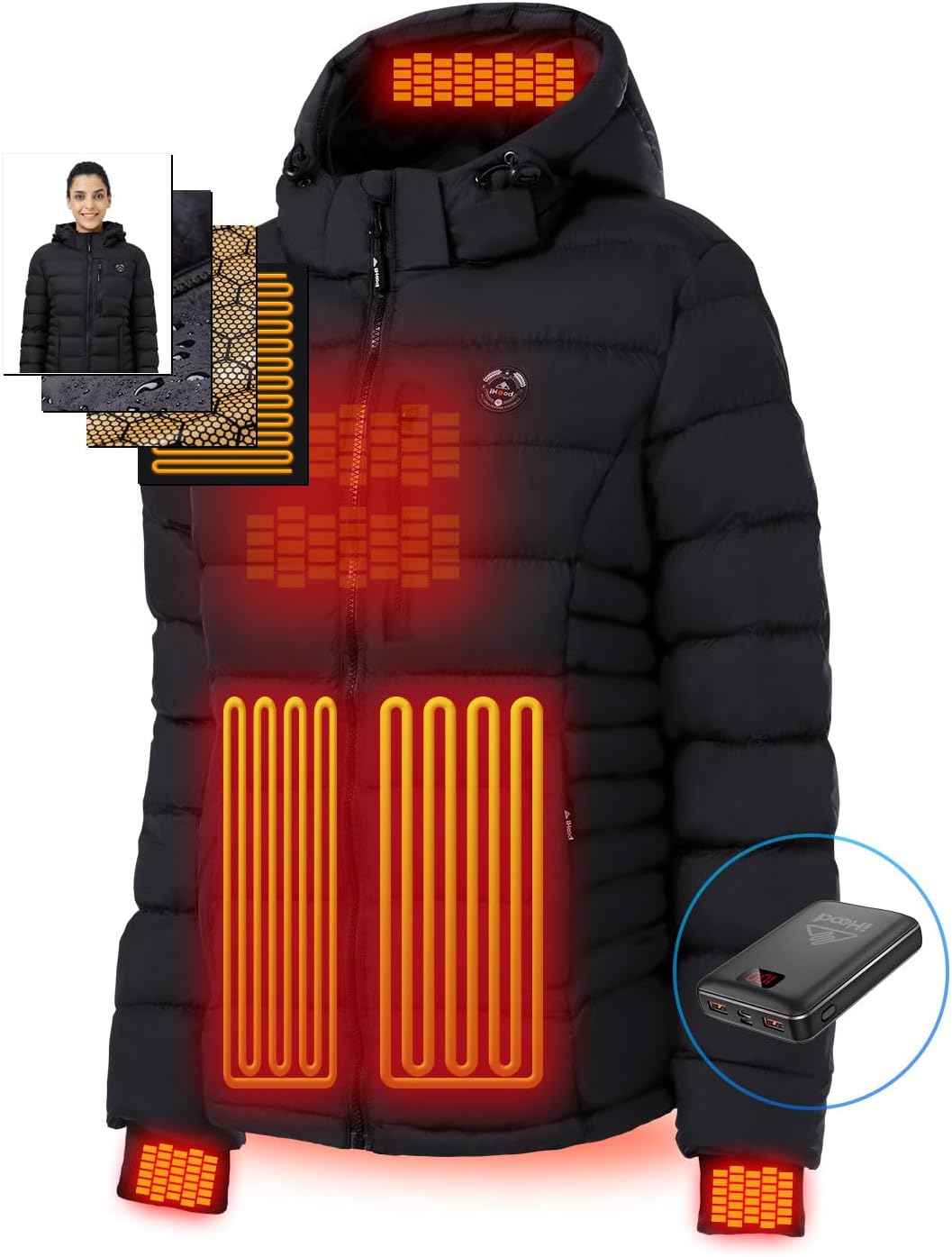 iHood Women's Heated Puffer Jacket With 12V Battery Pack-Insulated Water-Resistant Hooded Hand-Heating Electric Heated Jacket