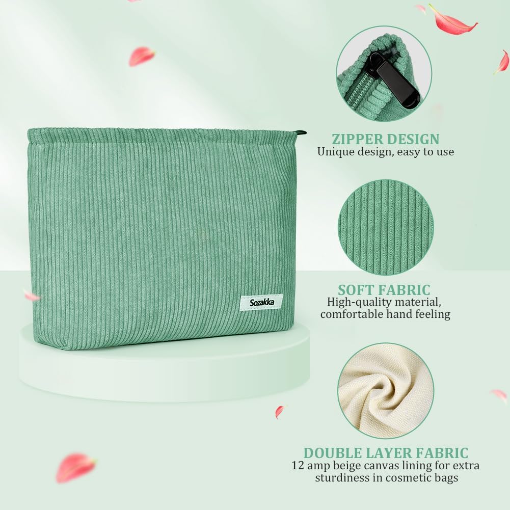 Aucuu Corduroy Cosmetic Bag, Cosmetic Bags for Women, Mini Makeup Bags with Zipper, Corduroy Fashion Portable Makeup Pouch for Travel Toiletry Girls Gift,Green image 3