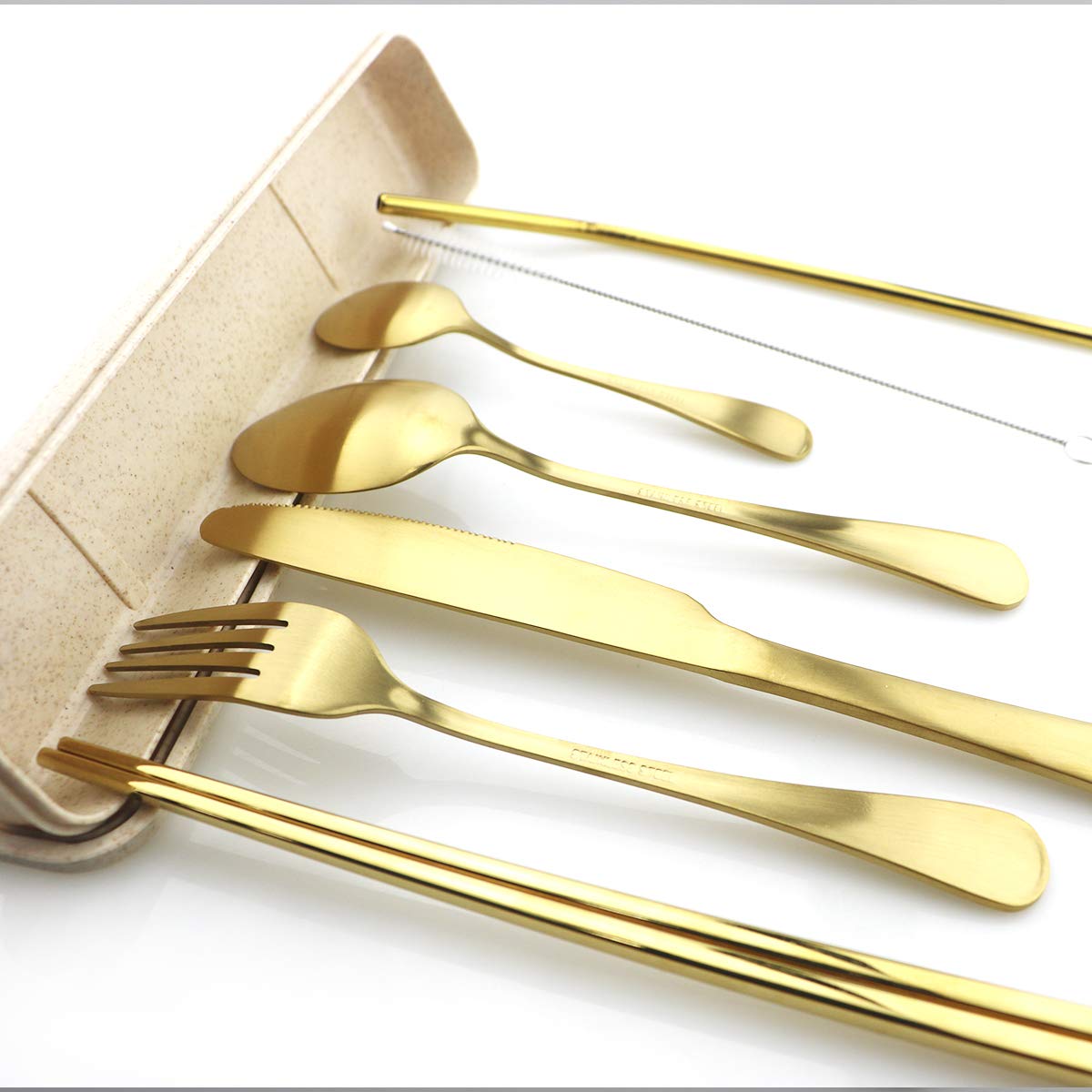 Gold Reusable Utensils with Case Camping Travel Silverware Set,Portable Stainless Steel Cutlery Set - Matte Flatware Set Knife Fork Spoon Mirror Straws Chopsticks - for Office Lunch, Hiking, School
