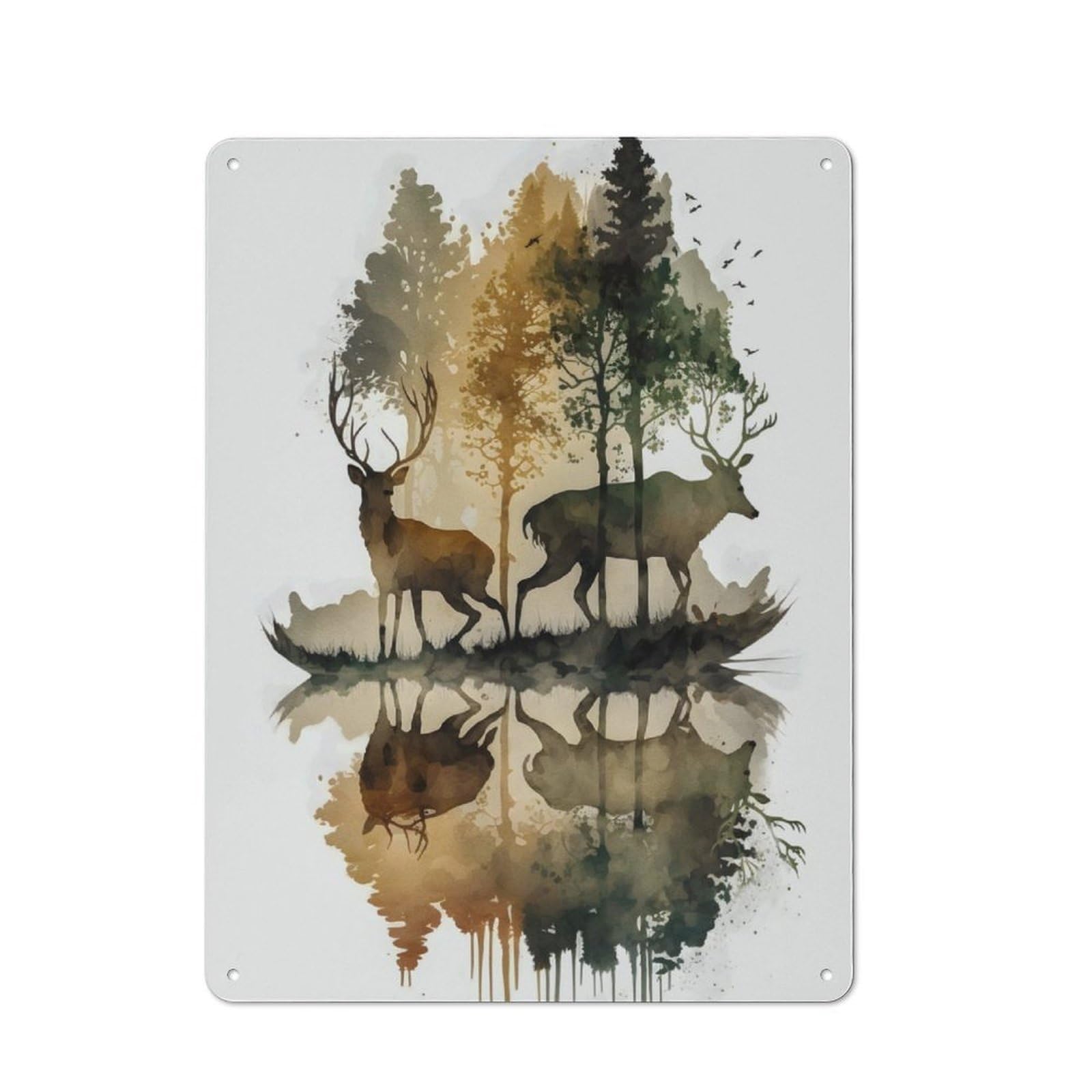 Junmoney Deer And Pinus Rustic Tin Wall Plaque 40X30cm For Guest Room Or Hallway, For Garage, Workshop And Man Cave Decoration