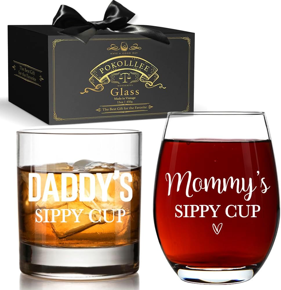 EST 2026 Daddy's Sippy Cup Whiskey Glass & Mommy's Sippy Cup Wine Glass, Mothers Day Fathers Day Gift, First Time Parents Gifts for Couples, Parents Birthday Gifts from Kids