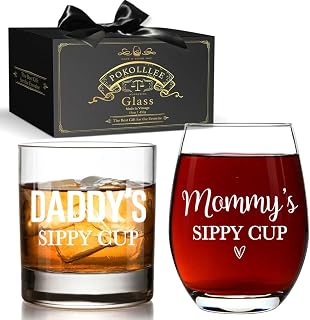 EST 2026 Daddy's Sippy Cup Whiskey Glass & Mommy's Sippy Cup Wine Glass, Mothers Day Fathers Day Gift, First Time Parents Gifts for Couples, Parents Birthday Gifts from Kids