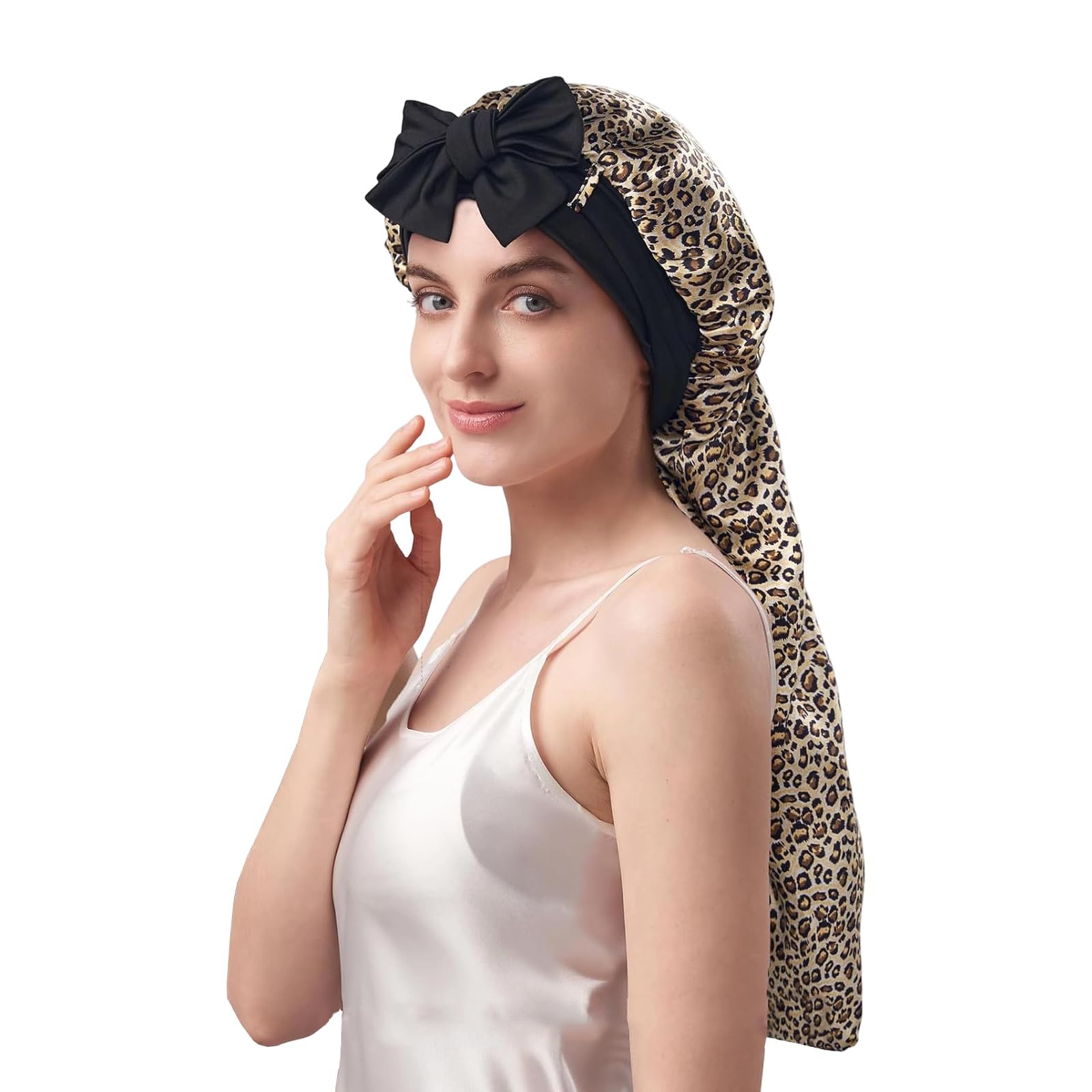 Gorro de noche de seda para dormir, para cabello rizado, liso, correas ajustables, gorro de moda