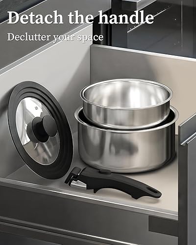 Miniatura 3 de Cacerola de 2.0 y 3.0 cuartos de galón con tapa, juego de ollas de acero inoxidable, juego de utensilios de cocina con mango extraíble, juego de