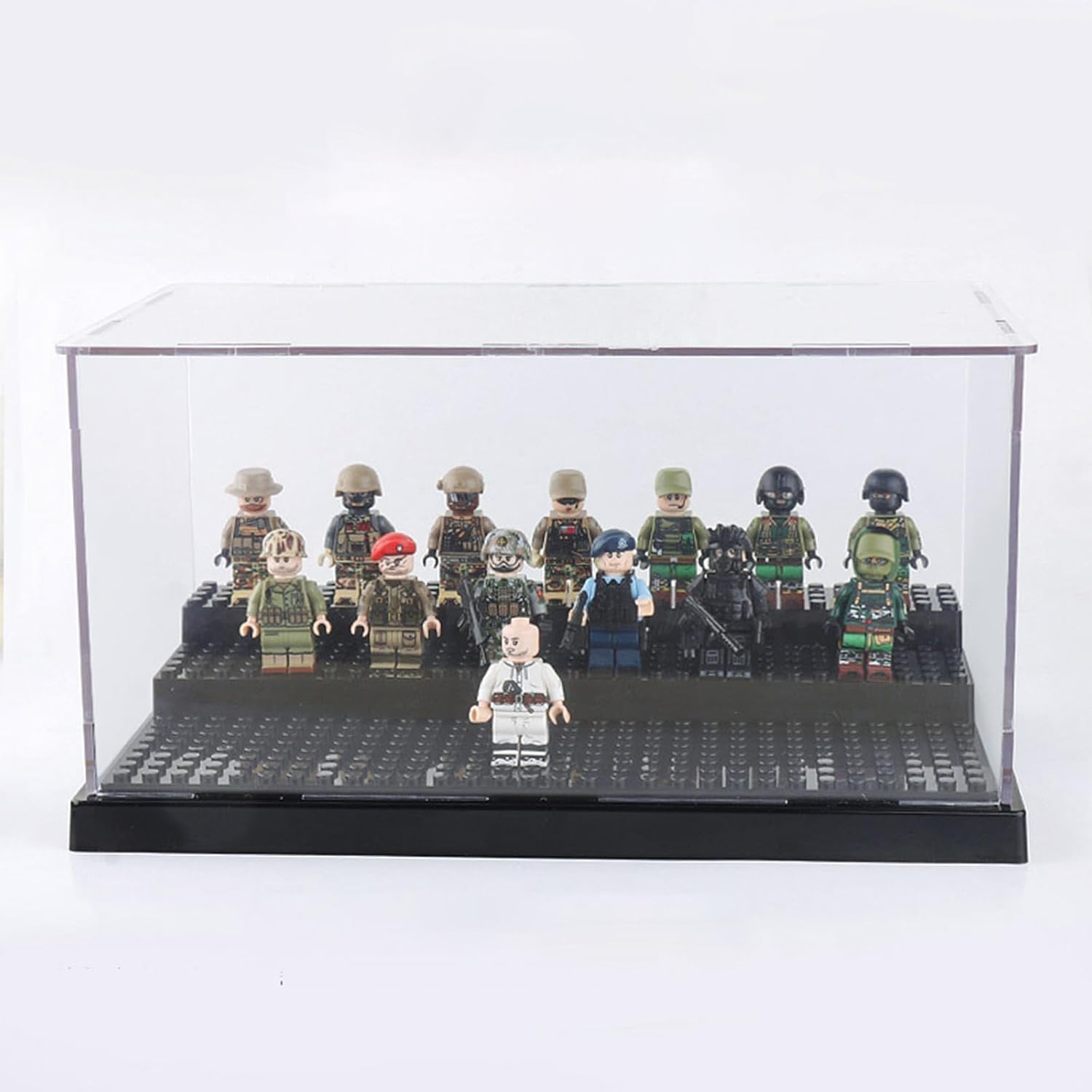 Minifigure Display Case for Action Figures Blocks, Dustproof Acrylic Display Box Storage with 3 Movable Steps for Collection Models Minifigures, Bricks Blocks Toys