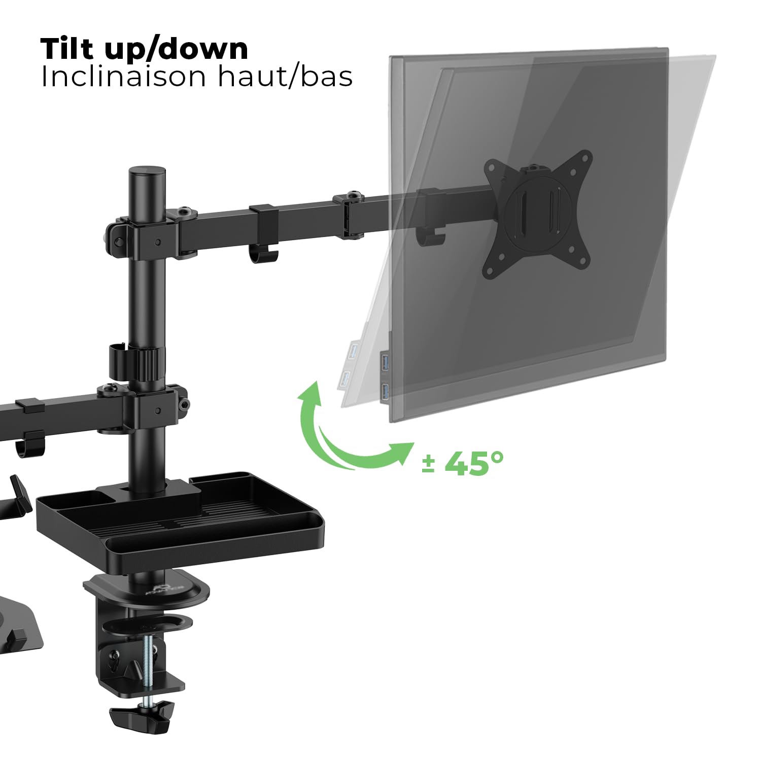 AD ADVANCE - XTENDMOUNTS Flex, Support Ecran PC de 17 à 32", Plateau Ordinateur Portable, Compatible VESA 75x75/100x100, Hauteur & Inclinaison Ajustable, Tablette Rangement & Support Smartphone