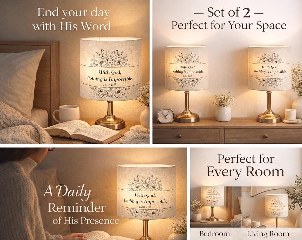 Kenoma Set of 2 Drum Lampshades with Bible Verse – Christian Scripture Lamp Shades for Table or Floor Lamps – Inspirational Faith Based Home Décor – Religious Gift