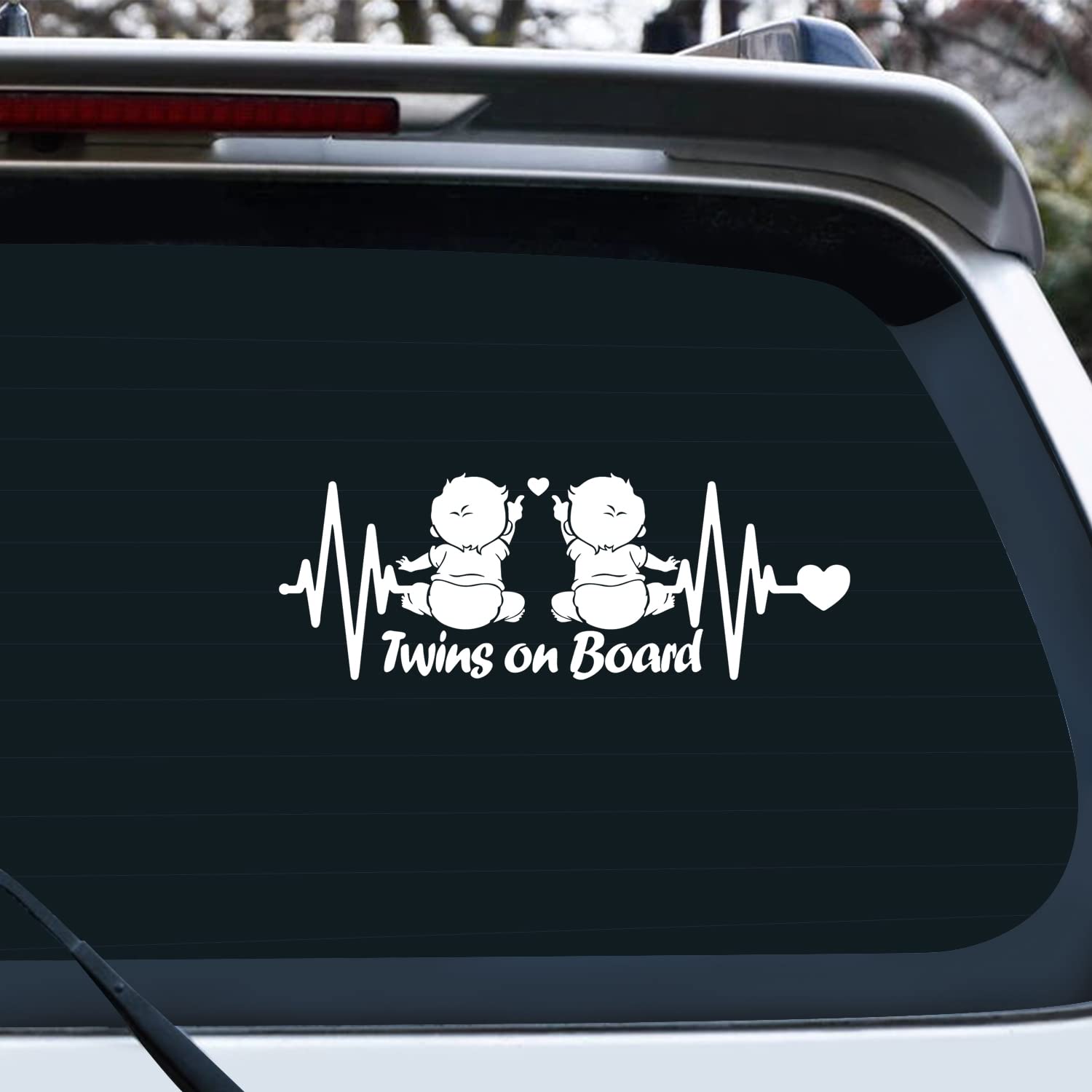 Iprokiu 2pcs Heartbeat Twins on Board Car Sticker Baby on Board Car Window Bumper Decal Waterproof Vinyl Car Sticker Safety Warning Decal Kids on Board Car Sticker (Reflective White)