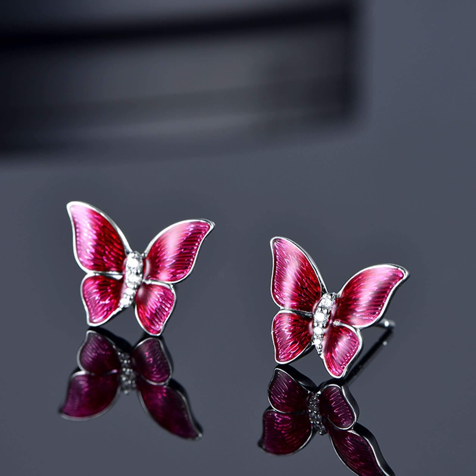 Diamant-Ohrringe für Damen, Ohrringe aus 18-karätigem Weißgold mit Emaille-Schmetterling und Diamant-Ohrringen