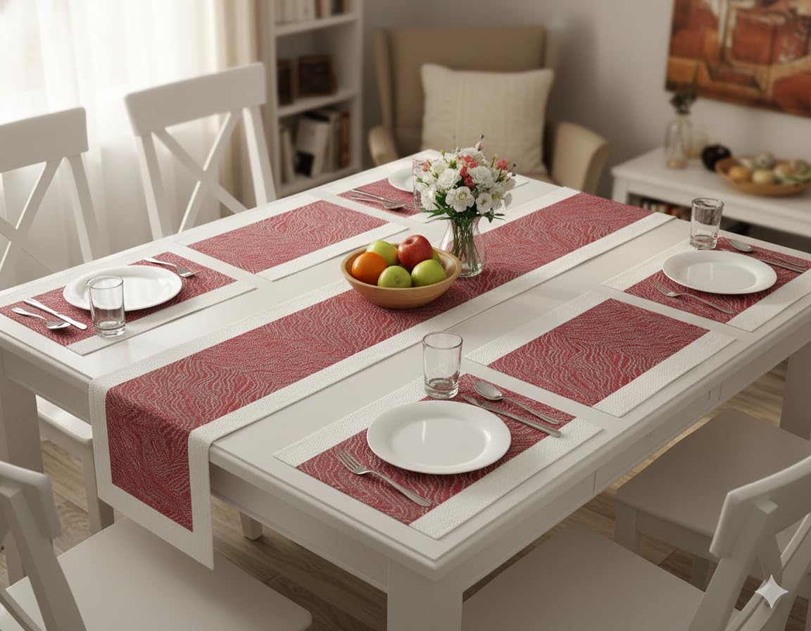 YELONA Placemats and Table Runner Set – Heat Resistant, Non-Slip & Washable PVC Vinyl Dining Table Mats – Berry Red (6 Placemats: 45x30 cm, 1 Runner: 180x30 cm)