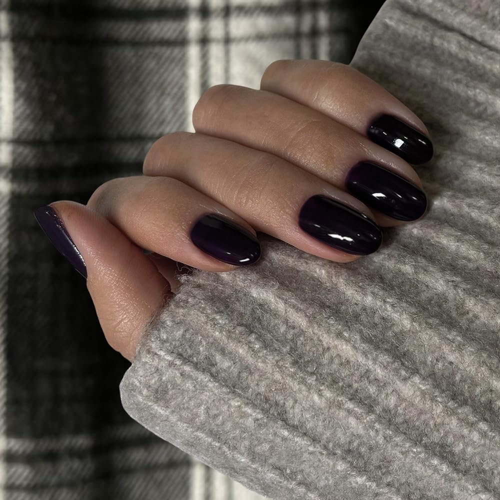 Black Press on Nails Short Oval Acrylic, Solid Color Medium Short Oval Fake Nails for Women Reusable Thick Round Glue on, Medium Almond Soft Gel False