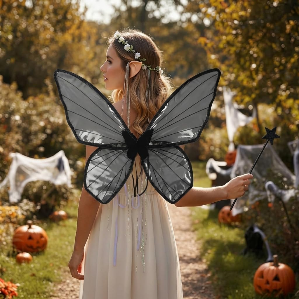 Fairy Wings for Adults，Fairy Costume Set with Floral Garland, Fairy Hair Tinsel, Wand & Elf Ears – Butterfly Wings