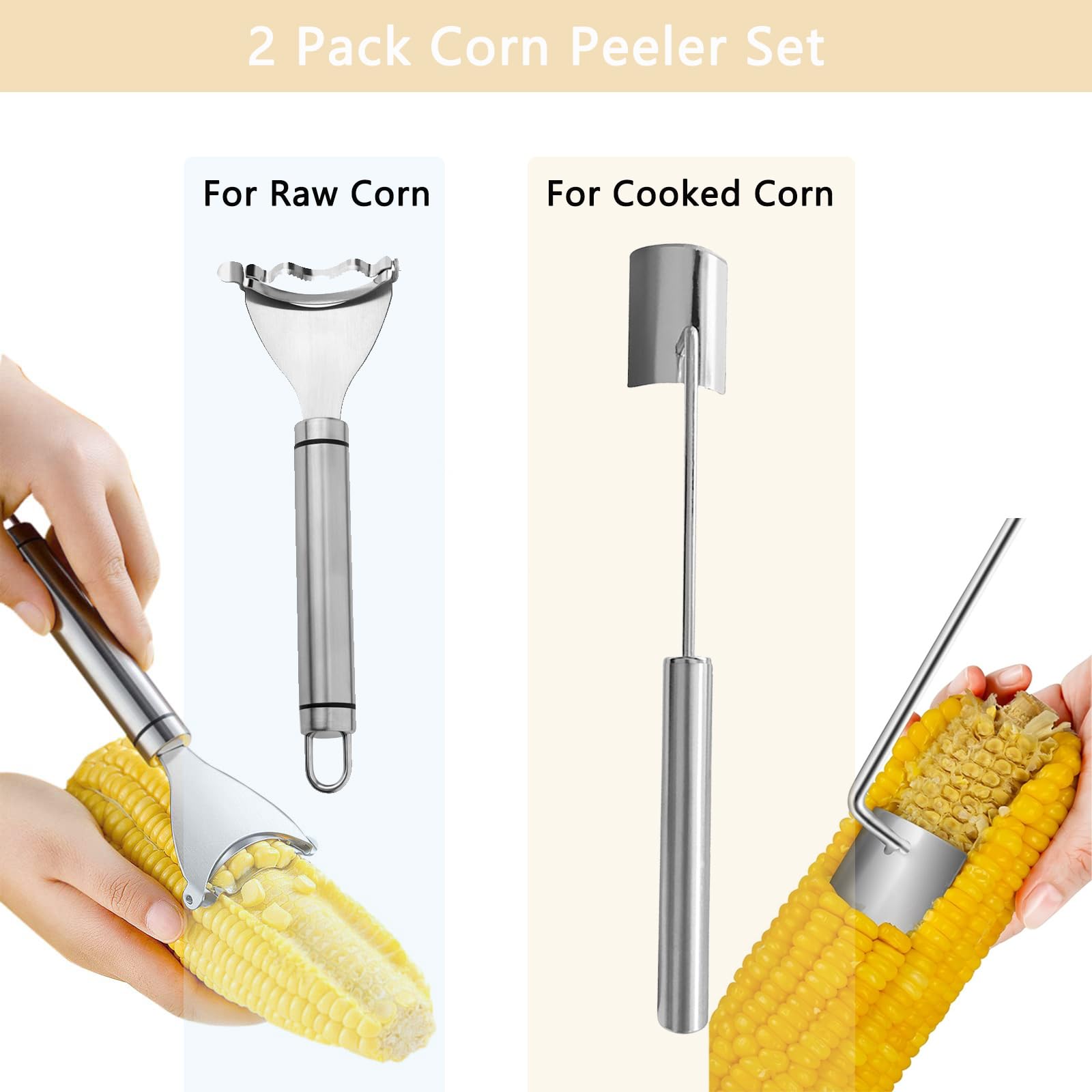 Juego de 2 peladores de maíz con mango largo y corto, herramientas de acero inoxidable para maíz crudo y cocido, utensilios de cocina duraderos para uso doméstico, barbacoa y restaurante 2