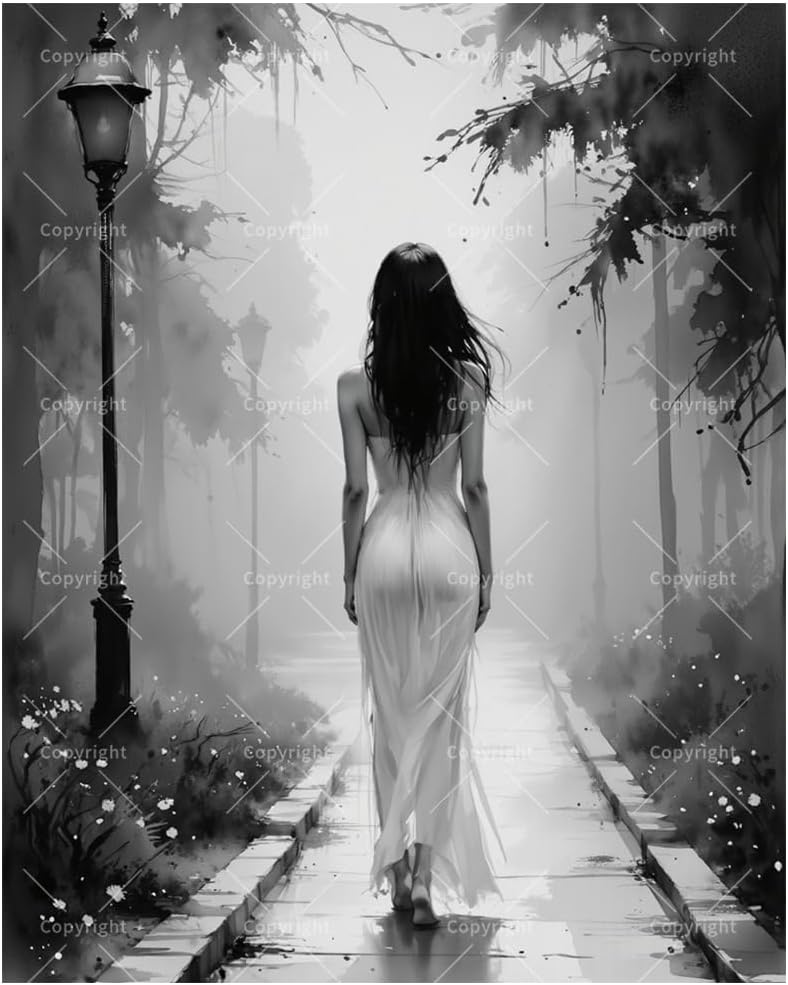 TAOPAOLAB Black and White Paint by Numbers Kit for Adults - DIY Woman Walking in Foggy Forest Path Painting on Canvas 16x20In, Framed Acrylic Paint Set for Beginners, Art for Decoration