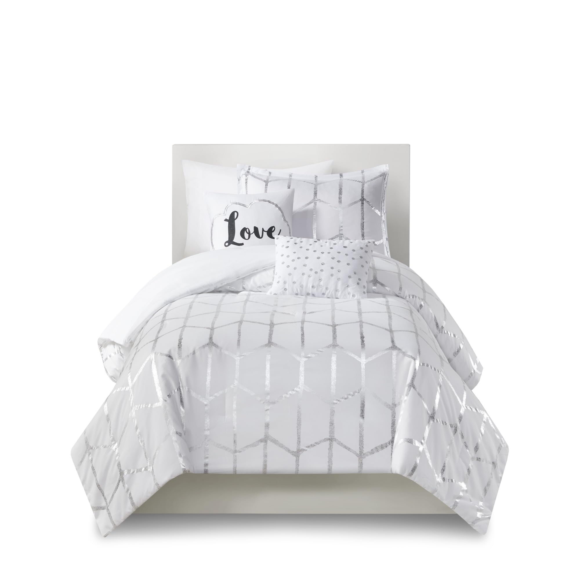 Intelligent Design Raina Twin / Twin XL Comforter Set, Soft Microfiber Comforter Set Twin, Modern Geometric Metallic Bed Set, 4 Pieces College Bedding Comforter Set with 1 Sham, 2 Toss Pillows White