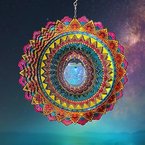FONMY Solar Wind Spinner Mandala Flame 3D Stainless Steel Hanging Wind Spinners Worth Gift Christmas Decoration Indoor/Outdoor Garden Décor Kinetic Yard Art 12 Inches Multi Red Wind Sculpture Cover