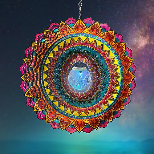 FONMY Solar Wind Spinner Mandala Flame 3D Stainless Steel Hanging Wind Spinners Worth Gift Christmas Decoration Indoor/Outdoor Garden Décor Kinetic Yard Art 12 Inches Multi Red Wind Sculpture