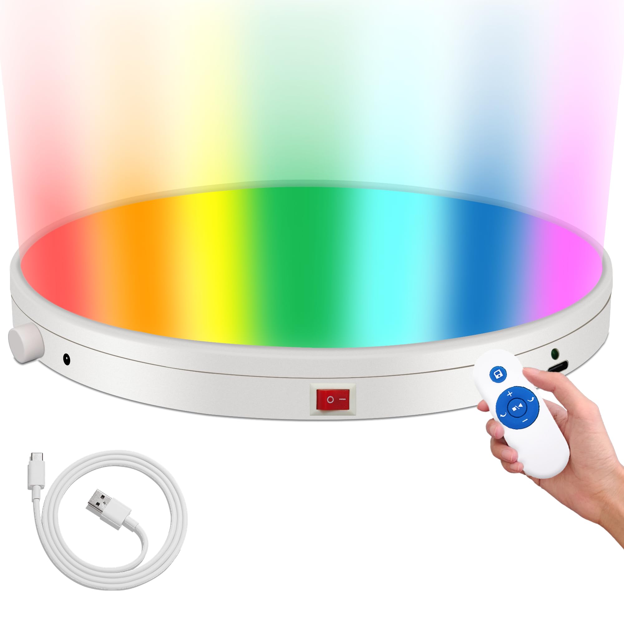 ComXimRotating Display Stand with 22 Adjustable Colors, Supports Custom Colors, Motorized Turntable with Remote Control, USB-C power supply, load-bearing 11 Pounds, Used for Product Display (white)