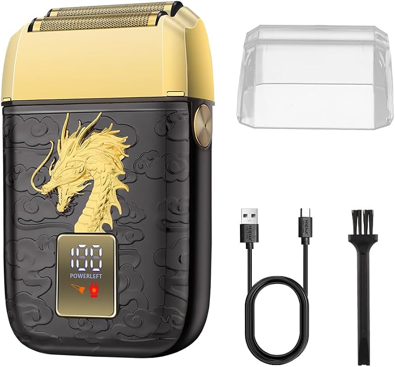 Barbeador elétrico de tela HIENA PRO com lâmina dupla, visor LED, recarregável via USB, modelo BGLT