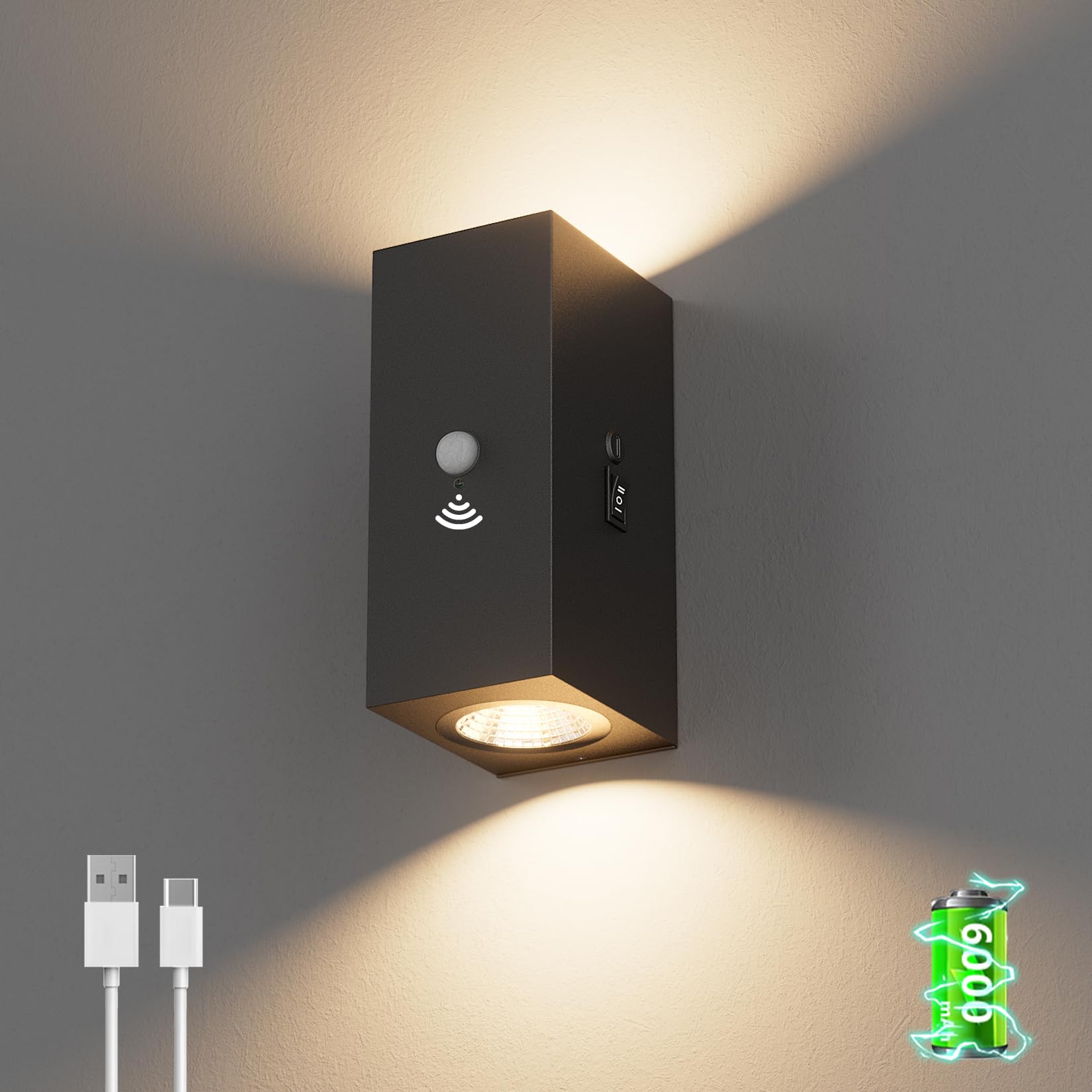 Aipsun 1 pieza LED recargable luz de pared con detector de movimiento negro, 6000mAh, lámpara de pared inalámbrica con 3 modos, 6W 2700K para escaleras, pasillo, sala de estar, dormitorio, garaje