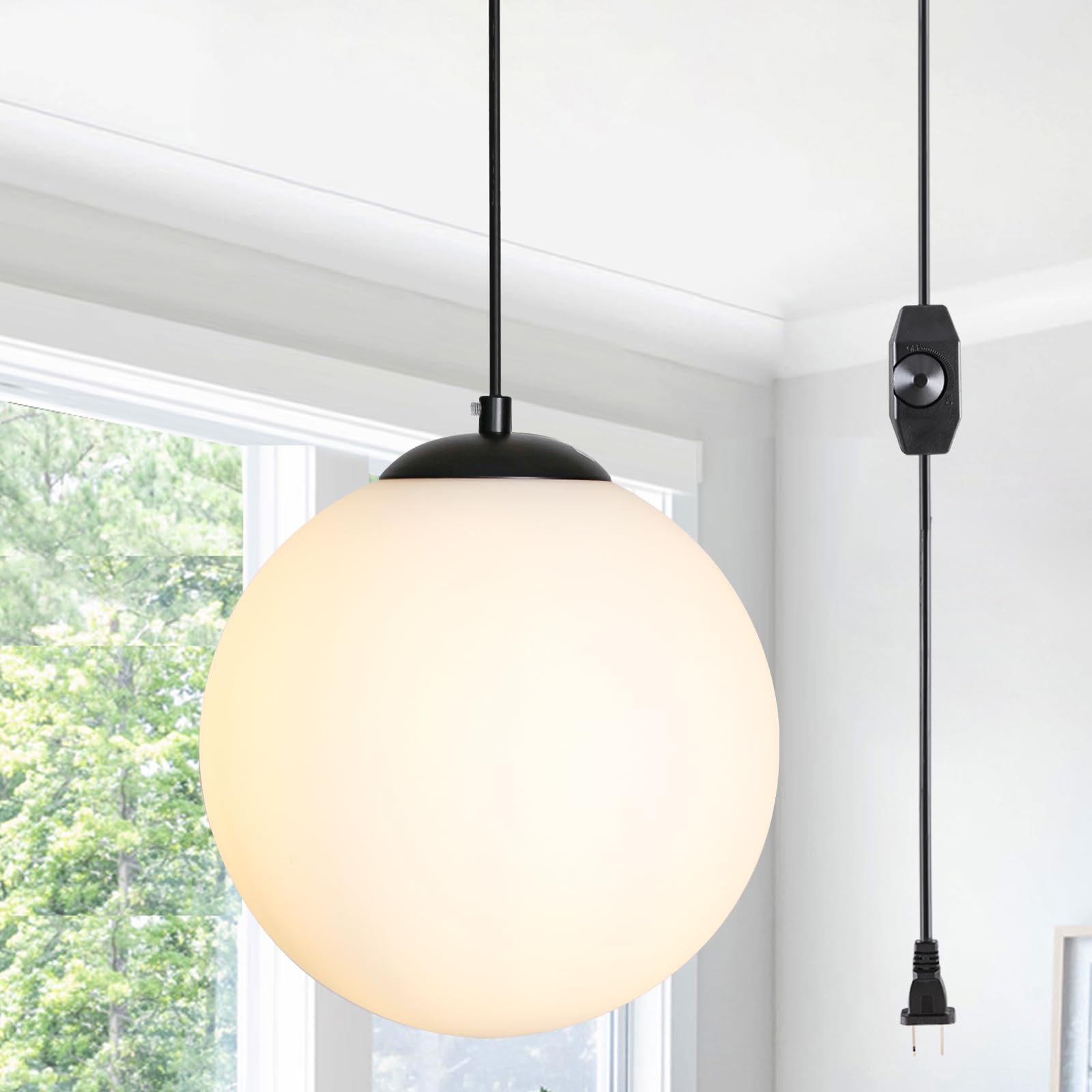 Luces colgantes con forma de globo – Lámpara negra de mediados de siglo con vidrio de leche, lámpara de techo moderna, lámpara colgante grande para cocina, dormitorio, sala de estar, comedor,
