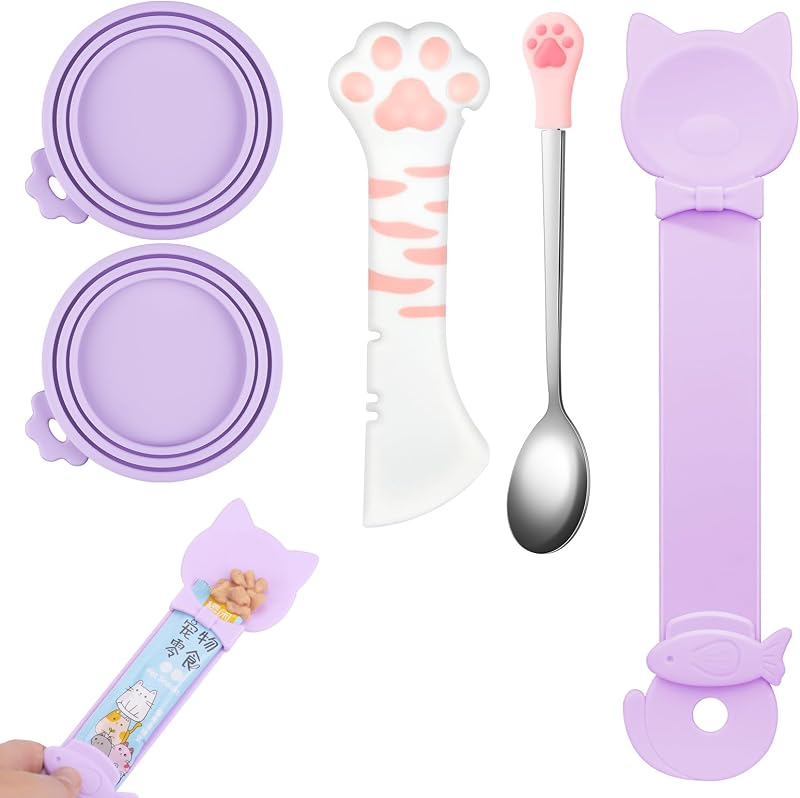 Kit de tampas de silicone para latas de ração úmida com colher e abridor Aecsze, Roxo, Pacote com 5 peças