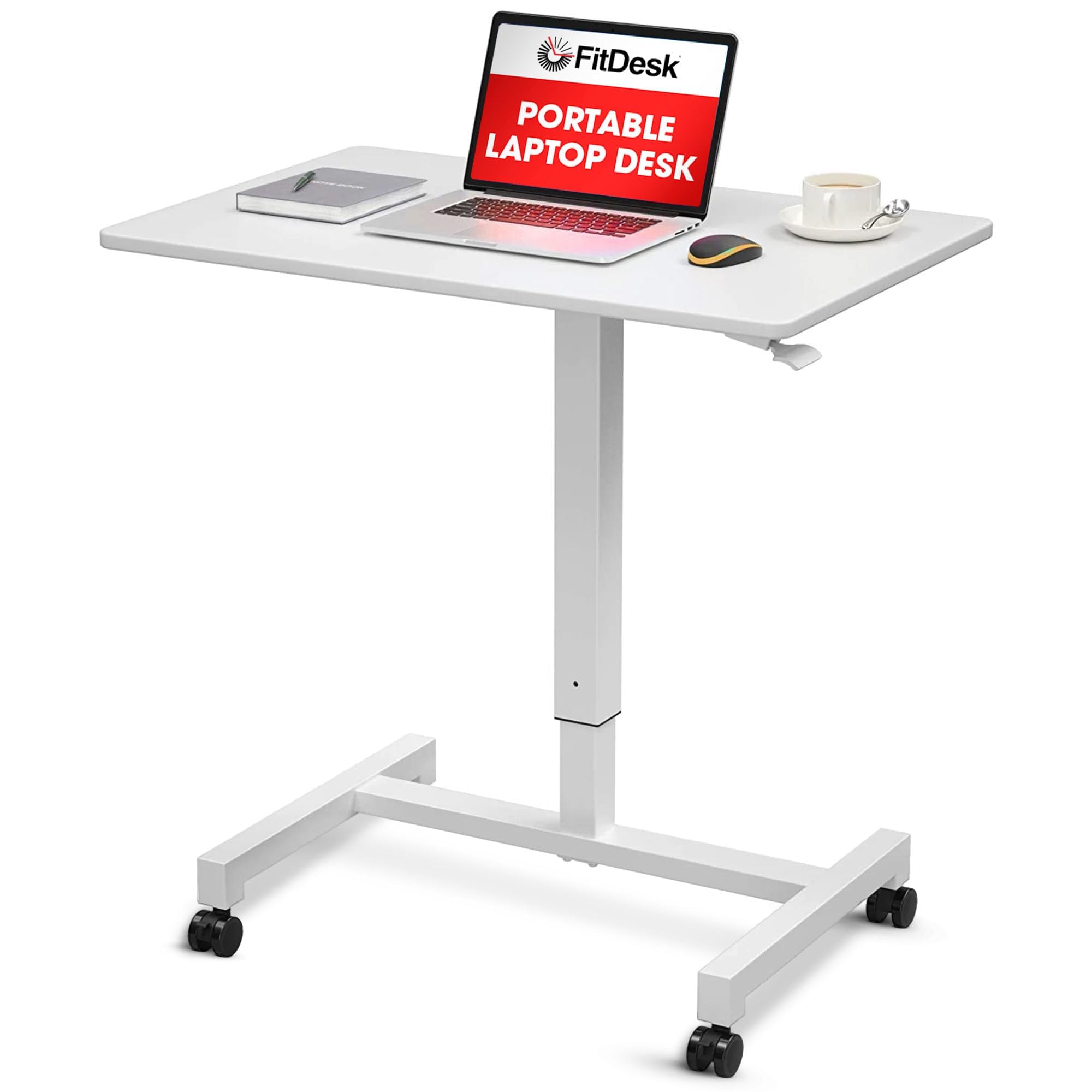 FitDesk Portable Laptop Desk, Rolling Standing Workstation Adjustable Height, Compact Standing Table with Large Surface, Small Stand Desk for Home Office, 30 lb Weight Limit – White, 27" Tabletop