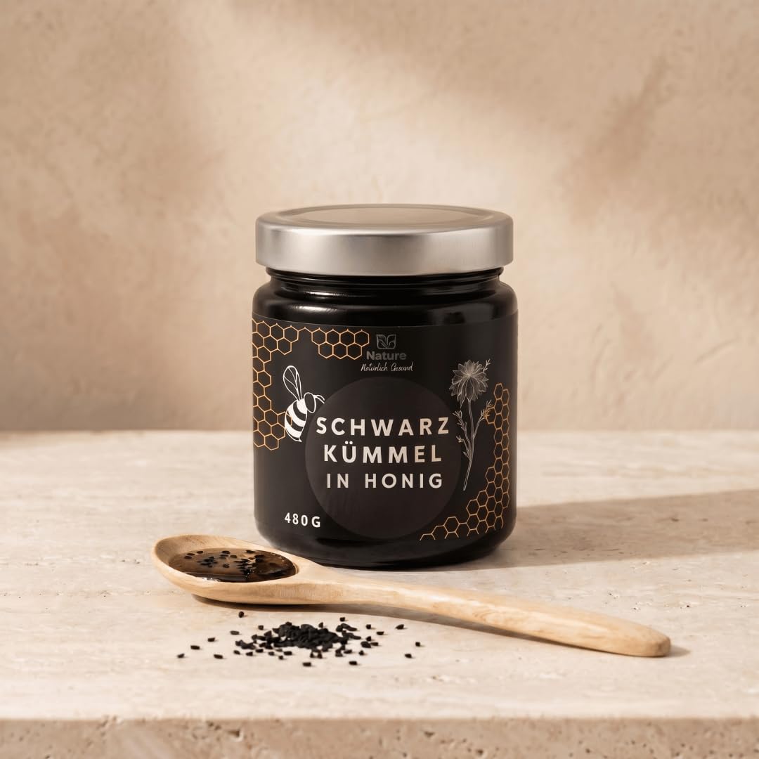 EB Nature Schwarzkümmel in Honig – Roher Blütenhonig mit gemahlenem Schwarzkümmel (Nigella sativa) – regional & ungefiltert, ohne Zusatzstoffe, im Glas – 480 g (3er Pack)