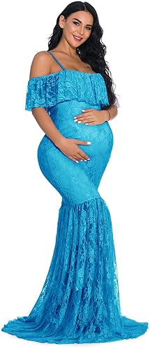 Miniatura 4 de ZIUMUDY Vestido de maternidad de encaje ajustado con mangas con volantes y hombros descubiertos, vestido de fotografía para baby shower