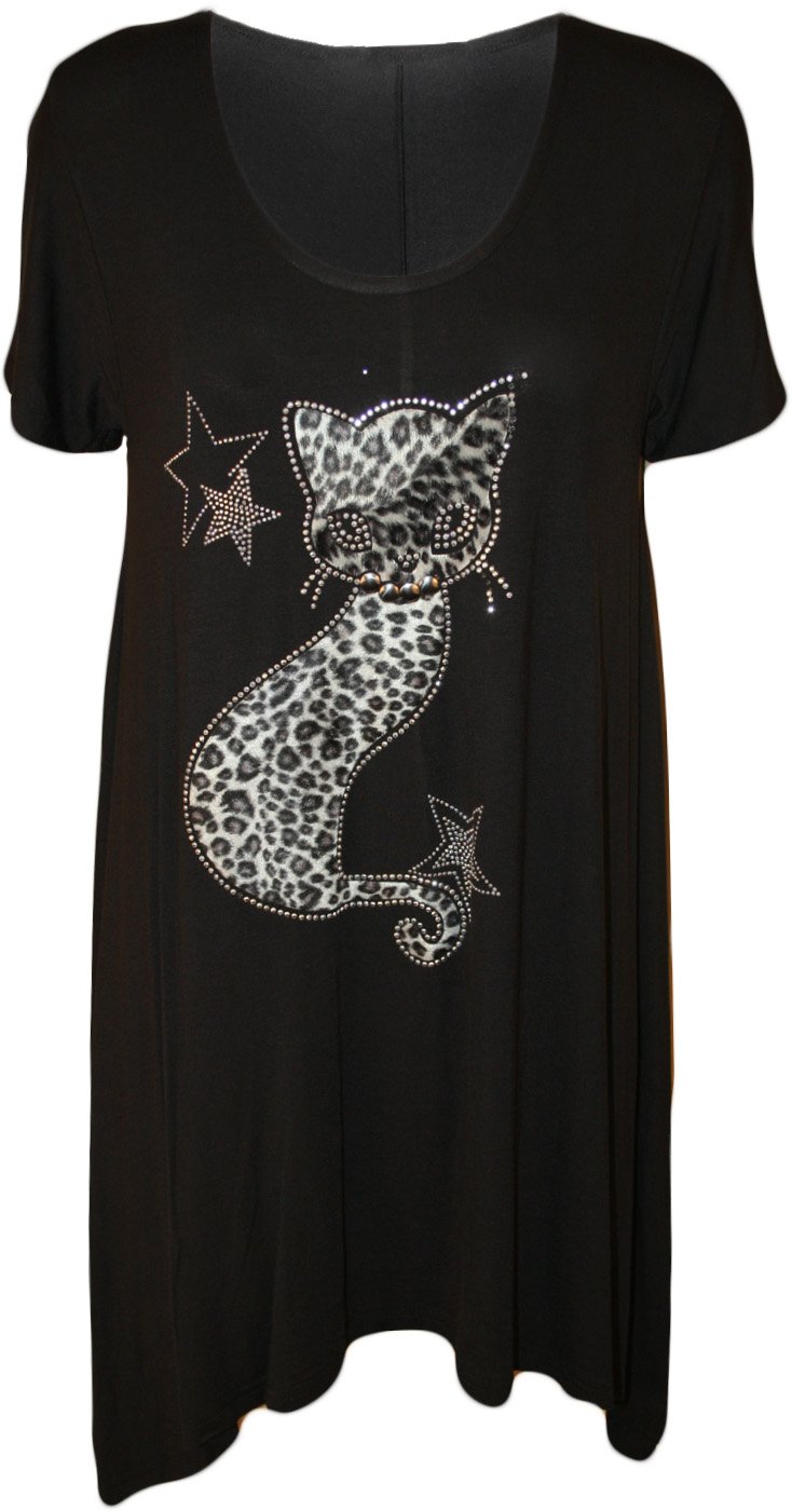 Wearall Women's Black Plus Size Cat Stud Short Sleeve Hanky Hem T-Shirt Tunic Top - 26-28