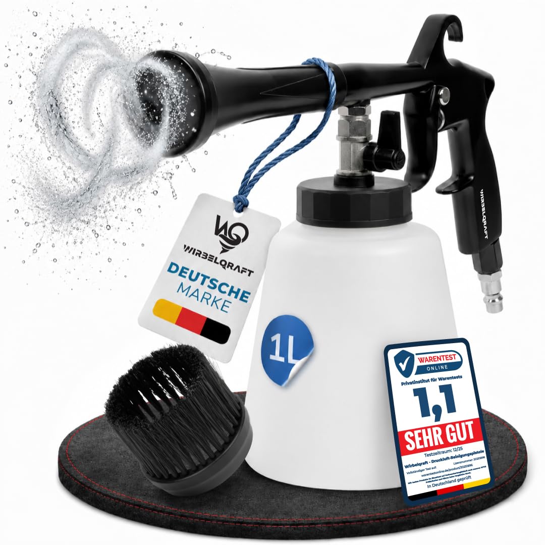 Wirbelqraft® Druckluft Reinigungspistole – robuste Ausblaspistole mit Wirbel-Effekt für wirkungsvolle Auto/KFZ-Innenreinigung – Komplett-Set mit 1L Füllbehälter, Bürstenaufsatz & Luftdruckpistole