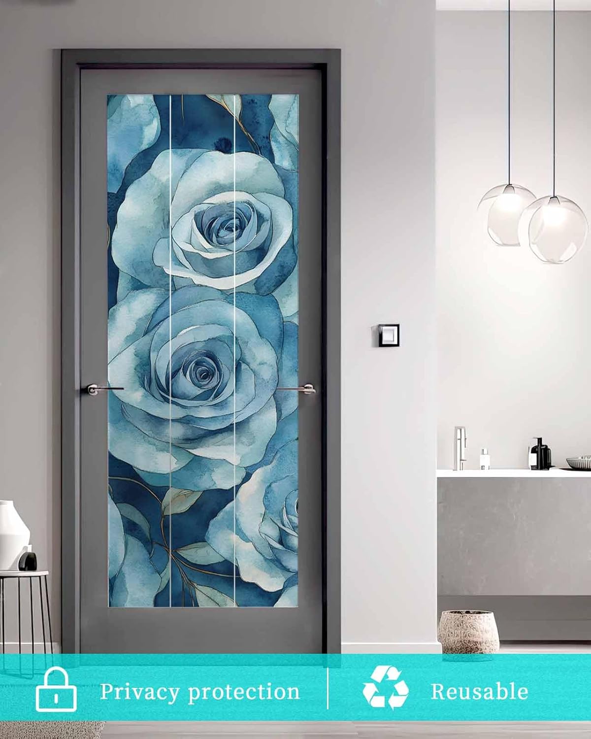 Blue Rose Flower Window Privacy Film Decorative Stained Glass Window Film Vintage Modern Abstract Painting Art Static Windows Clings Sticker for Glass Door, 35.4"x78.7" Blackout Shades Windows Cover