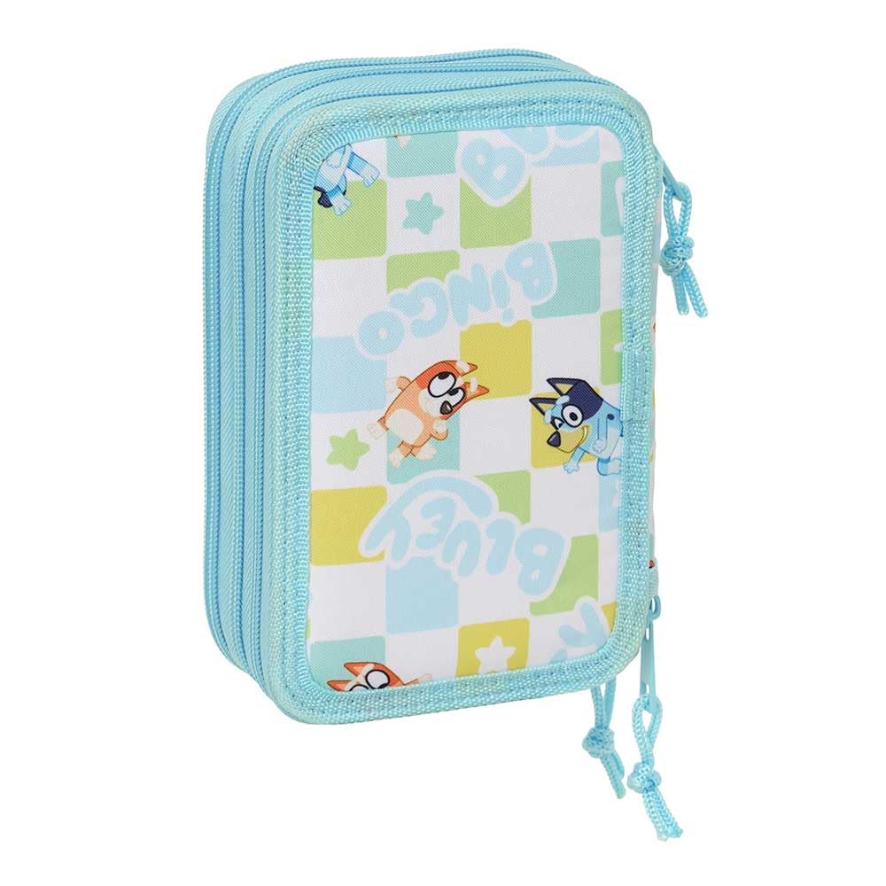 safta | Trousse Bluey Ready Triple, 37 pièces, pour Enfants avec 3 Compartiments zippé, Comprend 16 Crayons de Couleur, 14 feutres, Une règle et Un rapporteur, Dimensions : 12,5 x 5,5 x 19,5 cm