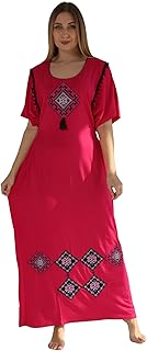 ثوب نوم صيفي مطرز طويل من القطن والليكرا بنمط مغربي للنساء، عباية كاجوال نصف كم برقبة دائرية مع رباطات من الخلف، اقمشة مريحة عند البقاء في المنزل