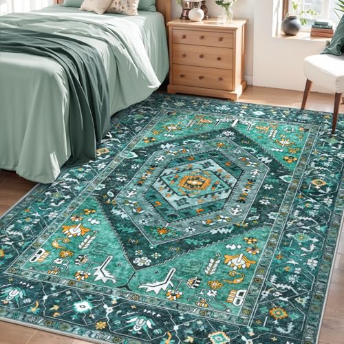 SERISSA Area Rug 3x5 Boho Teal Rugs for Bedroom, Washable Kitchen Rugs Non-Slip, Ultra Soft Print Distressed Tribal Entry Rug Low-Pile Throw Rug Carpet for Bedroom Nursery Living Room Dorm Decor