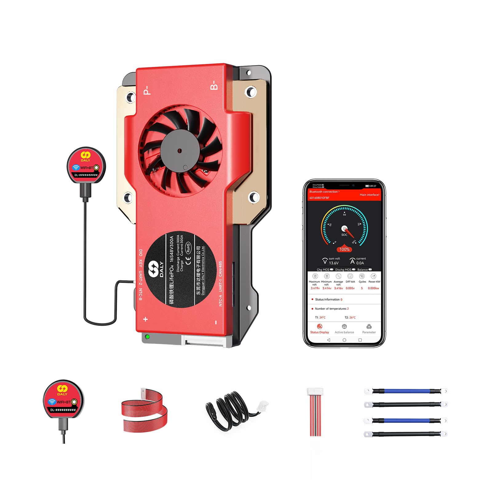 DALY BMS 16S 48V 300A Smart BMS con modulo WiFi Bluetooth LifePO4 Scheda di protezione della batteria al litio Supporto CAN RS485 per accumulo di energia domestica, carrello elevatore elettrico