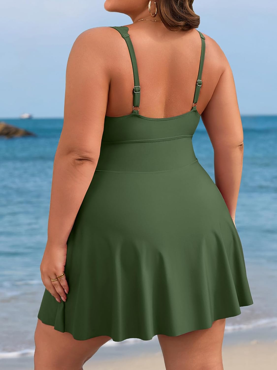 Charmo Women Plus Size Swimdress One Piece Swimsuit Ruched Tummy Control Bathing Suit Scalloped V Neck Flowy Swimwear - Image 2