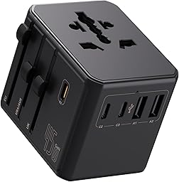 Auxmir Adaptador Enchufe Universal, Adaptador Internacional con 3 USB-C y 2 USB-A (PD 45W), Adaptador Universal para Europa, Reino Unido, Estados Unidos, Canadá, Australia (212 países), Negro