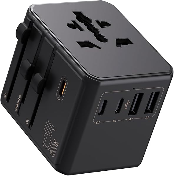 Auxmir Adaptador Enchufe Universal, Adaptador Internacional con 3 USB-C y 2 USB-A (PD 45W), Adaptador Universal para Europa, Reino Unido, Estados Unidos, Canadá, Australia (212 países), Negro - 1