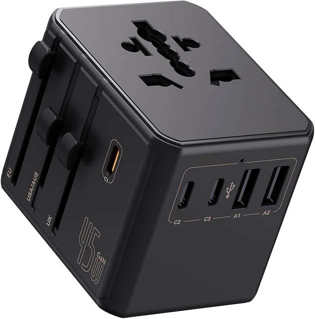 Auxmir Universal Travel Adapter, 45W USB-C Fast Charging Adapter with 5 USB Ports, International Plug Adapter for Europe, UK, US and More, Compatible with Smartphones, Tablets and USB-C Devices