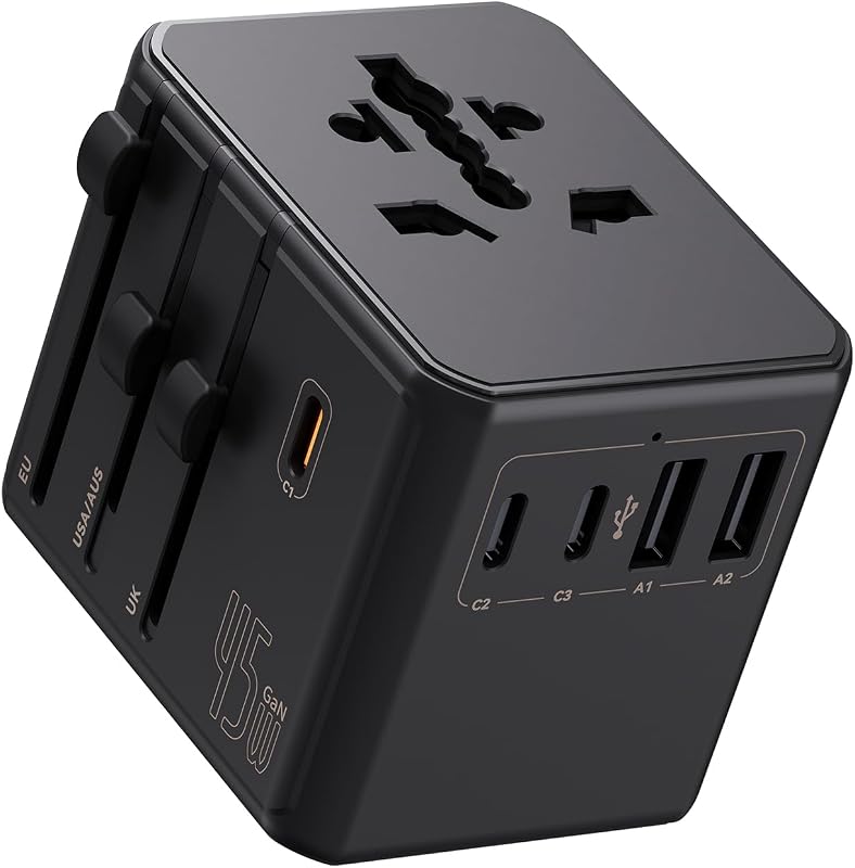 Auxmir Universal Travel Adapter, 45W PD Fast Charging Travel Plug Adapter | 3 USB‑C, 2 USB‑A, 3 AC Outlets, Compact GaN Design, Dual‑Fuse, Fire‑Resistant, Safety Shutters, Black