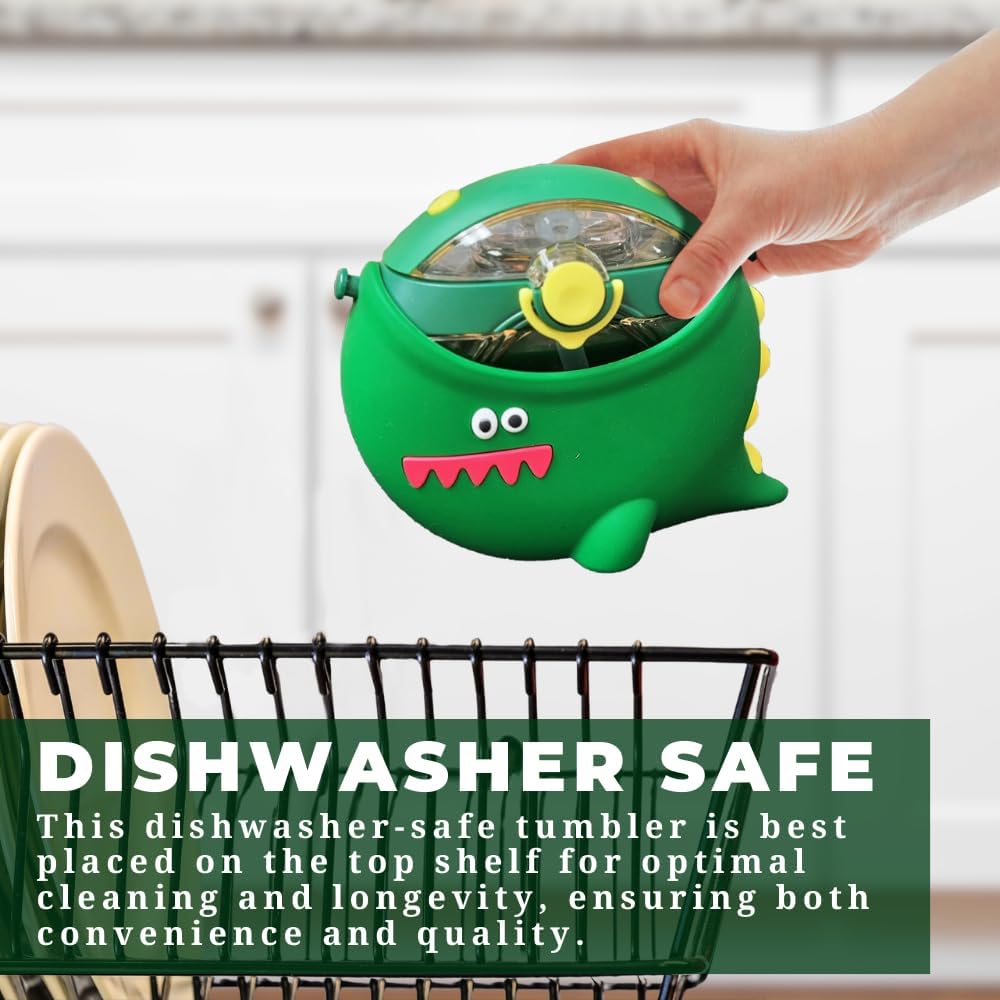 Dinosaur Round Kids Water Bottle with Removable Sleeve - Easy Open Button, Carrying Lanyard - Tritan Plastic Water Bottle Ideal for School Boys Girls, BPA Free Kids Cup (With Straw)