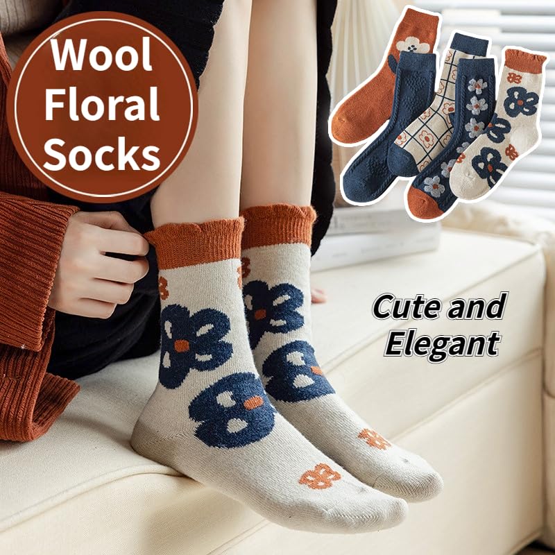Image of Wool Socks for Women Thick Knit Vintage Cute Floral Crew Socks | Soft and Breathable, Cute Floral Design