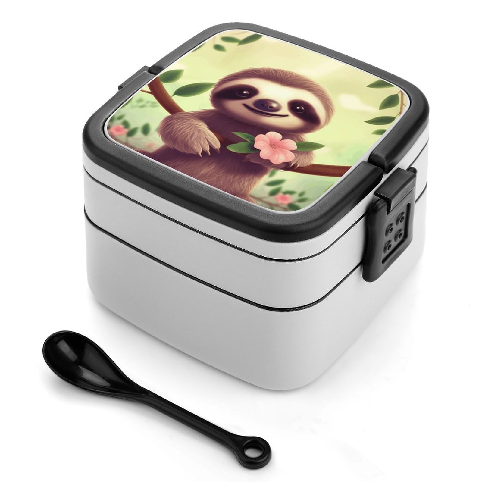 FekiLoot Cute Sloth Bento Box Adult Lunch Box Sealed Bento Lunch Boxes with Spoon Sturdy Double Layer Bento Boxes Snap-on Design Leak Proof Lunch Containers Ideal for Work