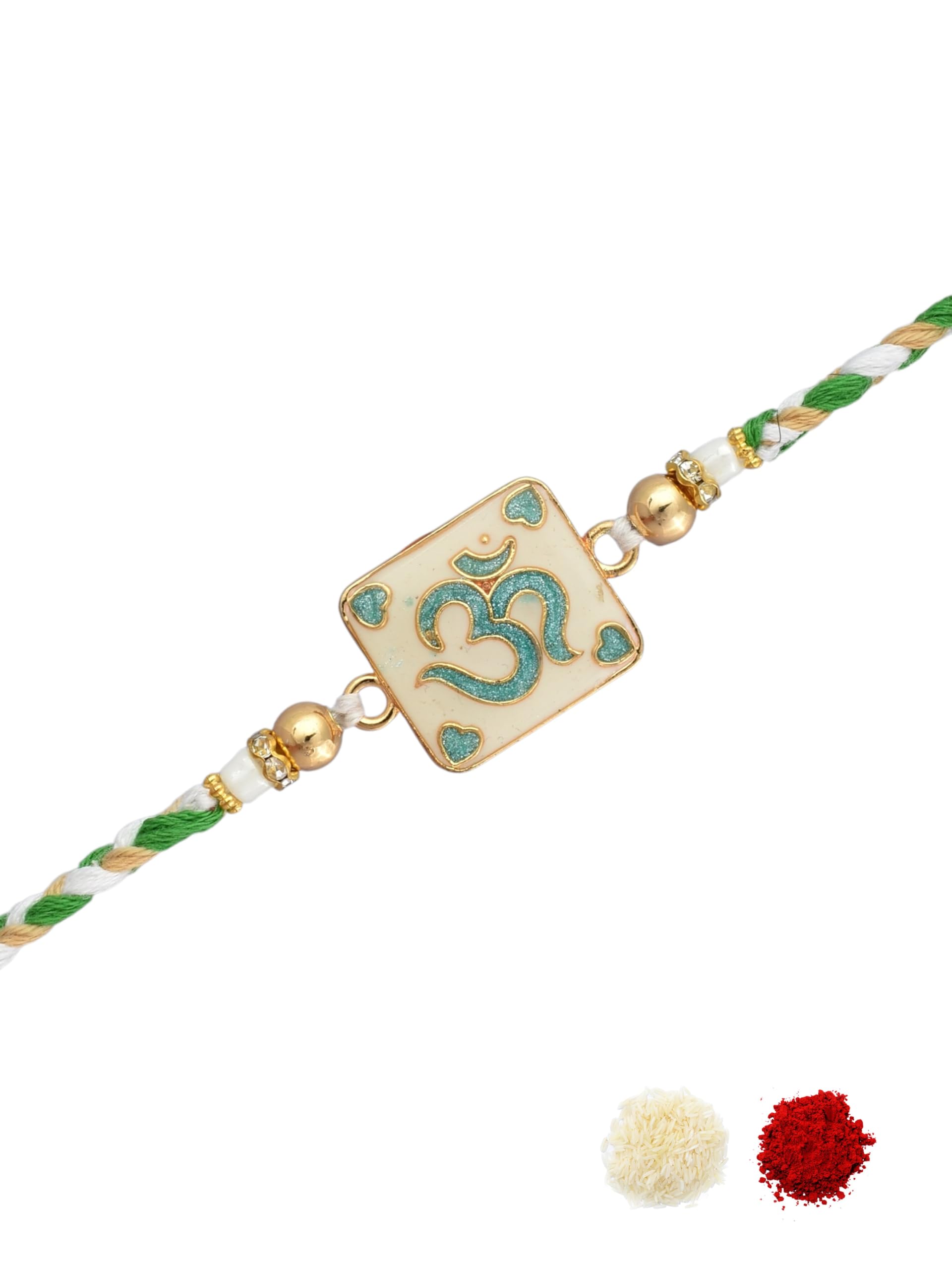 Premium Religious Divine Om Green Enamel Work, Braided Cotton Thread & Beaded Pack of 1 Rakhi for Brother, Bhai, Bhaiya, Kids with Roli Chawal & Greeting Card for Raksha Bandhan-69-image-40