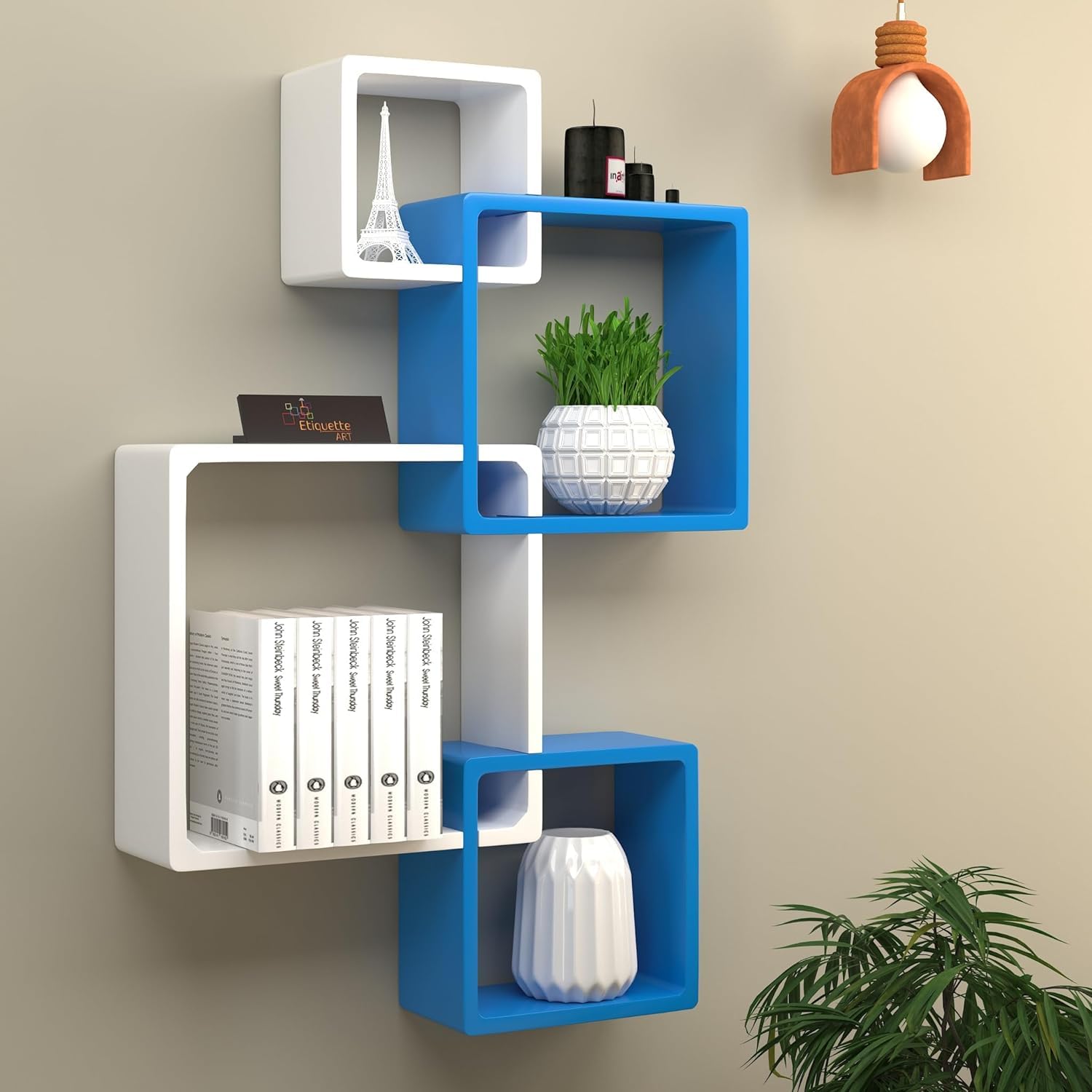 Brown Art SHOPPEE Floating Cube Shelves - Intersecting Wall Mounted Shelves - Wall Decor Square Shelves for Bedrooms, Living Rooms & More - Set of 4 Box Shelves (Blue & White) (B0CRVQLPQF) Amazon Price History, Amazon Price Tracker