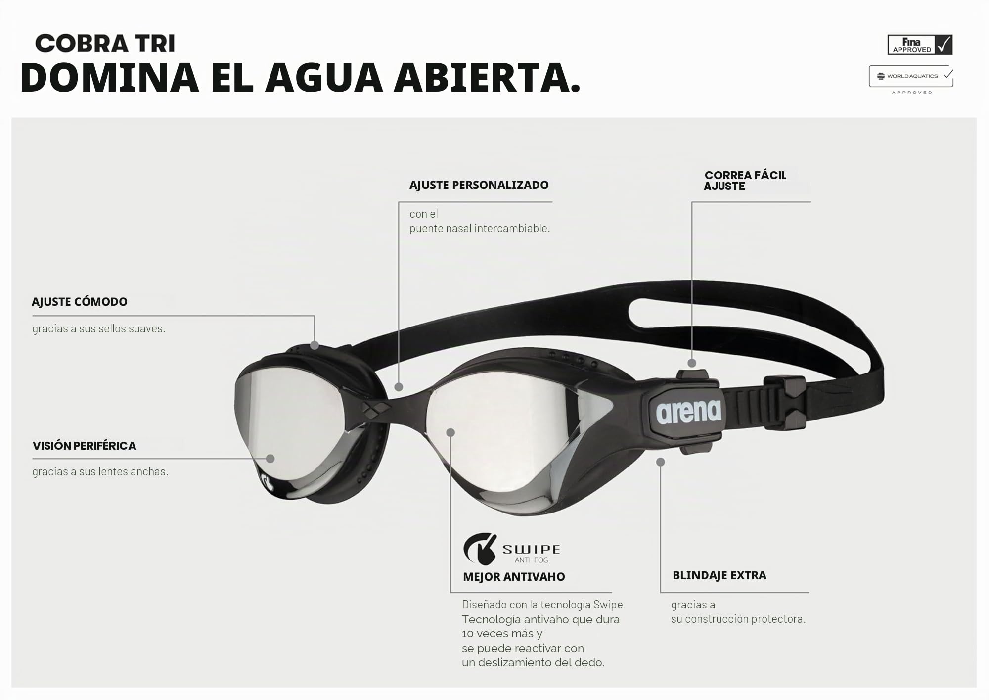 arena Cobra Tri Swipe Mirror - Gafas de triatlón unisex para adultos, gafas de piscina con lentes de espejo, antivaho, protección UV, 3 puentes nasales intercambiables
